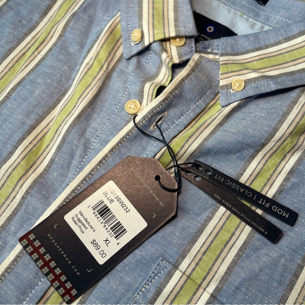 Ben Sherman Blue Green Striped Short Sleeve Button Down Shirt XL Stretch NWT - Picture 4 of 10